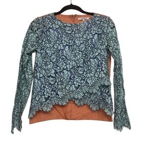 Carven Lace Long Sleeve Top Size 34 US 2 Blue Teal Overlay Peach Lining Back Zip